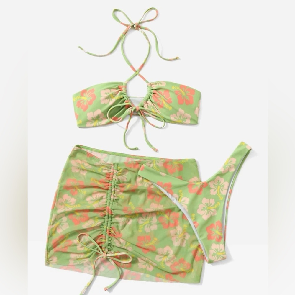 3Piece Swimsuit Floral Print Halter Top w/Drawstring Skirt & High Cut Bottoms